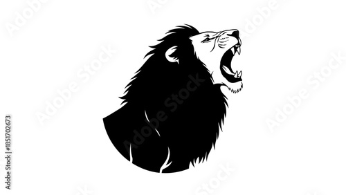 A fierce lion with an open mouth, showcasing its power and dominance in a stark black and white illustration