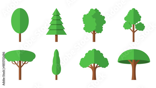 Collection of various stylized trees, representing different types and seasons for design and illustration purposes