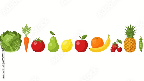 A colorful assortment of fresh fruits and vegetables, including lettuce, carrot, tomato, lemon, apple, banana, cherries, and pineapple, displayed in a row on a white background