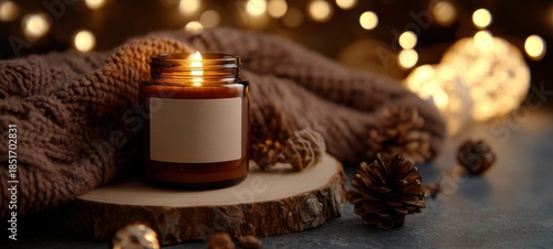 Wallpaper Mural The Candle on Wooden Slice with Cozy Blanket, Pinecones and Warm Bokeh Lights Torontodigital.ca