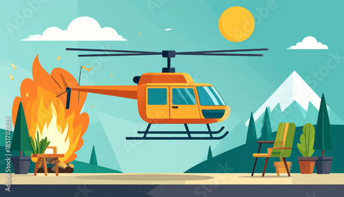 Stylized vector art shows a helicopter near a fire against a mountain landscape, under a sunlit sky, plants around