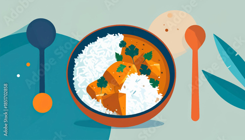 Stylized vector illustration of a bowl of curry and rice with spoons and foliage on a pastel background