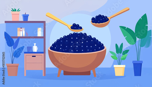 Stylized vector illustration of a bowl of dark blue berries with spoons, plants, and furniture