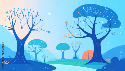 Stylized vector landscape with trees in hues of blue and orange, evoking a peaceful, serene nature scene