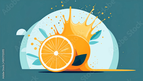 Stylized vibrant orange with juice splashing on a teal background
