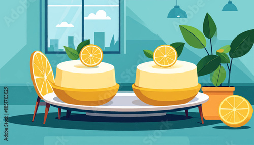 Stylized, vibrant still life of lemon desserts, plant, and a cityscape through a window on a teal backdrop