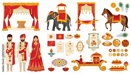 Flat lay of various Indian wedding decorations and symbols on a white background
