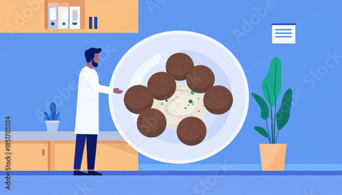 Stylized view of a man presenting a plate of falafel with tahini in a simple interior space with a plant