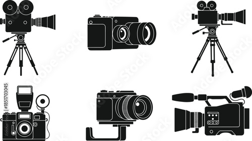 Set of professional cinema and video camera icons, vintage movie projectors, digital photography equipment, professional filmmaking tools, and broadcast camcorder vector silhouettes on white.