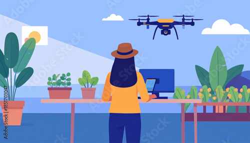 Stylized view of a person facing a computer, a drone, and potted plants against a light blue backdrop