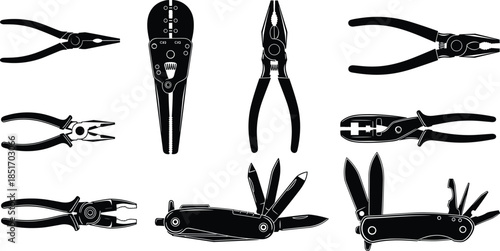 Set of silhouette hand tools including various pliers, wire strippers, multipurpose pocket knives, and electrical crimping tools for industrial repair and DIY maintenance projects
