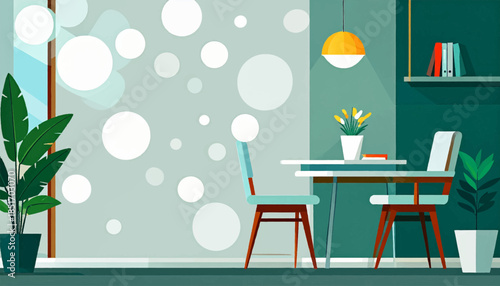 Stylized view of an interior space with table, chairs, and plants bathed in natural light from a window