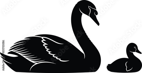 Silhouette of a black swan with cygnet baby bird, elegant waterfowl mother and child icon, minimalist nature wildlife vector illustration for graphic design
