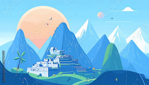 Stylized view of ancient ruins nestled in mountains with a pale sun and birds in a blue sky backdrop