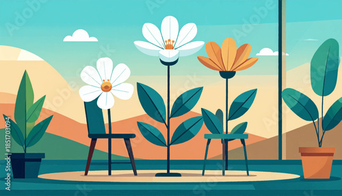 Stylized view with flowers, chairs, and nature, evoking tranquility and minimalist elegance in soft hues