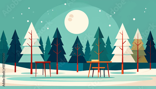 Stylized winter landscape featuring trees, snow, tables, chairs, and a full moon against a teal sky