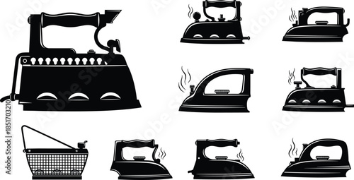 Vintage collection of iron silhouettes, antique laundry appliance icons, victorian steam press tools, retro 