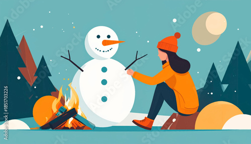 Stylized winter scene with person adding arm to snowman near fire, with pine trees, snow and moon