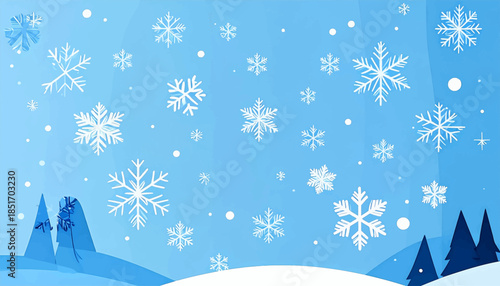 Stylized winter scene with blue hills, trees, snow, and snowflakes on light blue background