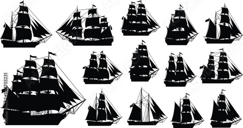 Vintage nautical sailing ship silhouettes, set of detailed tall ship vector icons, antique maritime naval vessel collection, old wooden boat silhouettes for design,