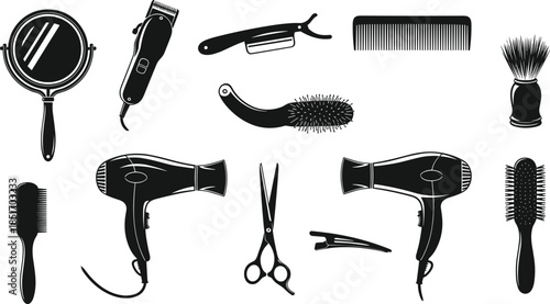 Vintage barber shop and hair salon tools collection, professional equipment vector icons including scissors, clippers, dryer, comb, razor, brush, mirror, and styling accessories.