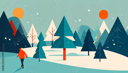Stylized winter scene a person in an orange jacket walks through a snow-covered forest with trees