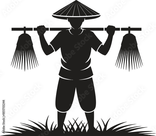 Farmer silhouette vector with tools, traditional agriculture worker icon isolated on white background