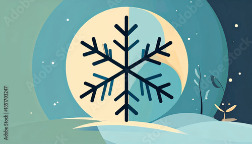 Stylized winter scene with snowflake, soft blues, golds, and white. Depicts night with hills, moon, stars, and small trees
