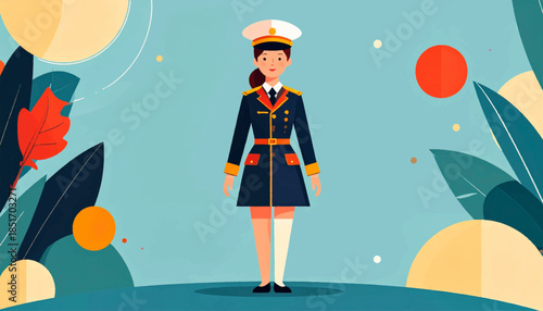 Stylized woman in a dark blue uniform stands against a nature background