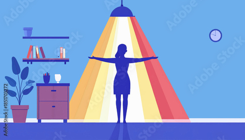 Stylized woman standing in light in room w/ bookshelf, desk, plant, and clock, minimal color palette