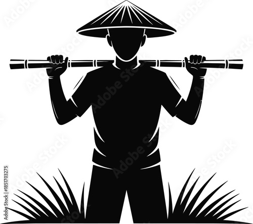 Farmer silhouette vector carrying tools, agriculture worker icon, rural farming life isolated on white background