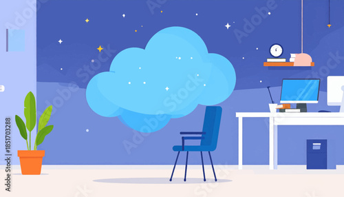 Stylized workspace features a blue chair against a nighttime wall with a fluffy cloud & starlit sky design