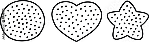 Cookie shapes line art illustration circle heart star dotted outline bakery biscuit vector black white