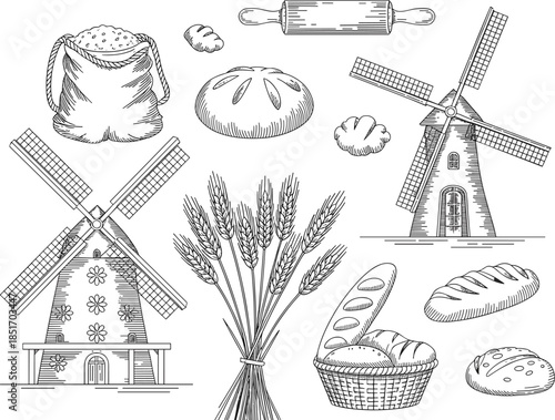 Vintage bakery illustration wheat windmill bread baking tools hand drawn line art farm sketch vector