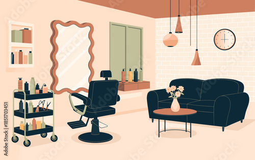 A serene salon interior with a couch and salon chair viewed from the side