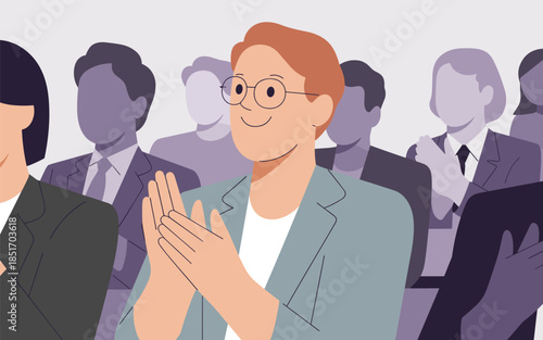 Illustration of a smiling woman in a business suit applauding in front of a group of people