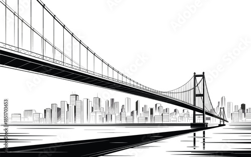 Suspension bridge over city skyline with modern skyscrapers and calm water reflection