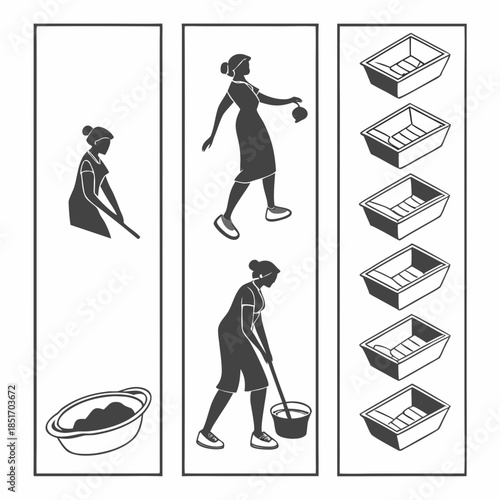 Illustrations of a woman performing kitchen tasks