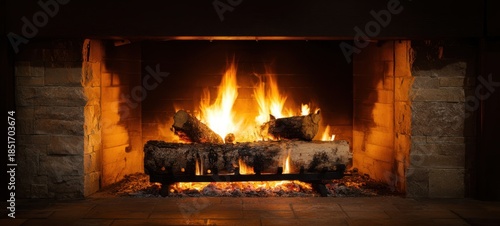 The fireplace with glowing logs and warm flames in a rustic stone hearth