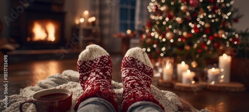 The Feet in Red Knit Socks by a Festive Christmas Tree and Warm Fireplace