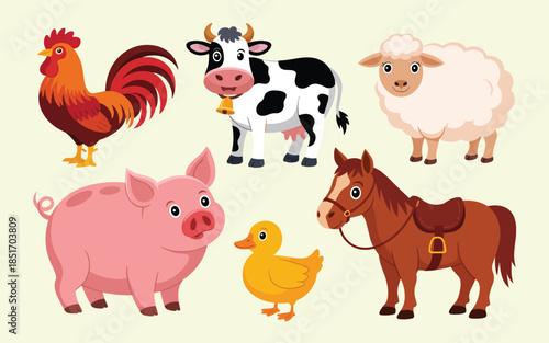 Farm animals including a rooster, cow, sheep, pig, duck, and horse in a cartoon farmyard scene from a direct viewpoint.