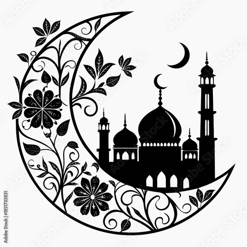 Islamic crescent with mosque silhouette
