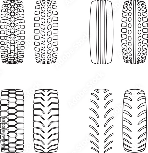 Set of Tire treads loaders Outline vector illustration isolated On Transparent Background