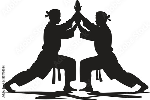 Martial arts sparring silhouette vector, karate fighters training icon, combat sport pose isolated on white background