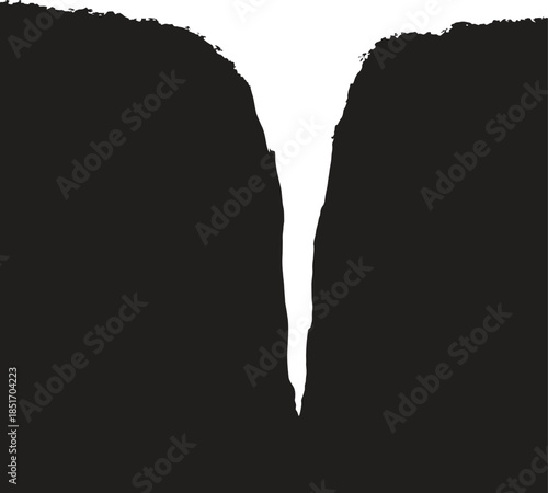 Deep canyon crack silhouette vector, split cliff rock gap icon, dramatic geological landscape isolated on white background