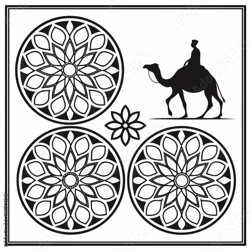 Black and white arabesque patterns with camel silhouette