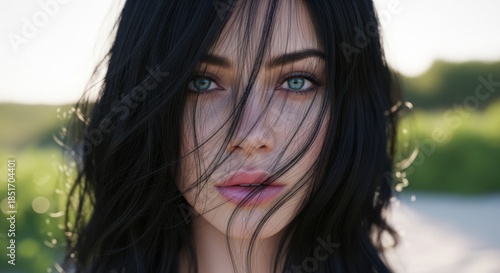 Intense close-up portrait of a dark-haired woman gazing with captivating blue eyes in soft outdoor light, defining natural beauty.
