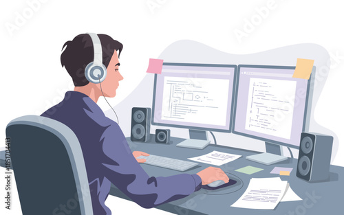 A man working on a computer with dual monitors and headphones in an office environment from a rear viewpoint