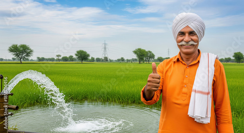 happy indian farmer standing with water pipe showing thumbs up