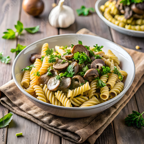 pasta fusilli with mushroom in herb sauce